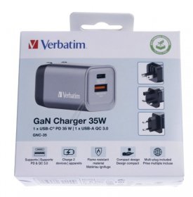 Verbatim Usb Power Supplies - Gnc-35 32200 Gan Charger 35w 1x Usb-c 1x Usb-a Pd Qc Pps Eu-uk-us