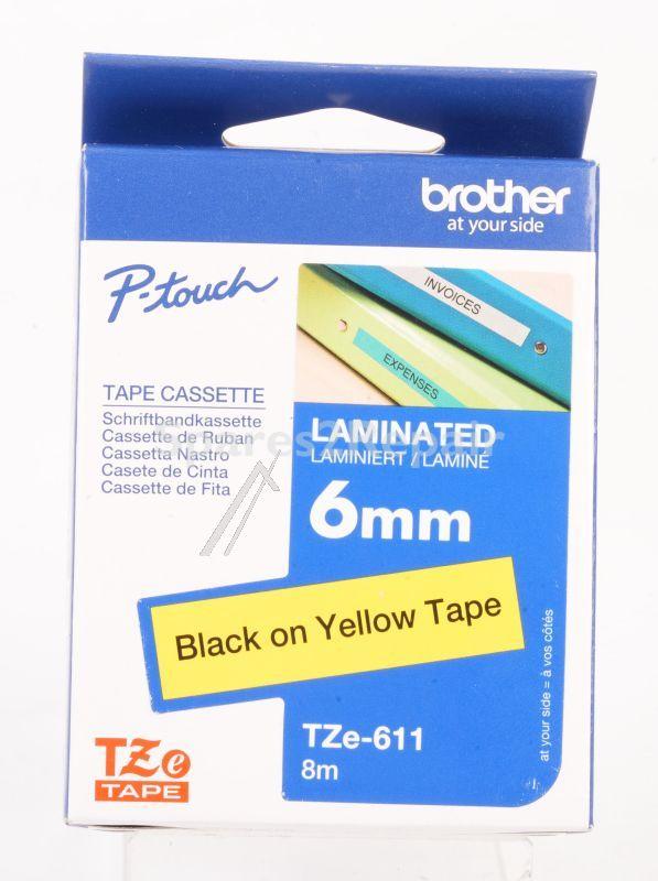 Brother Colour Cartridge - Tze611 Label Tape Black On Yellow 6mm-8m Laminated Brother