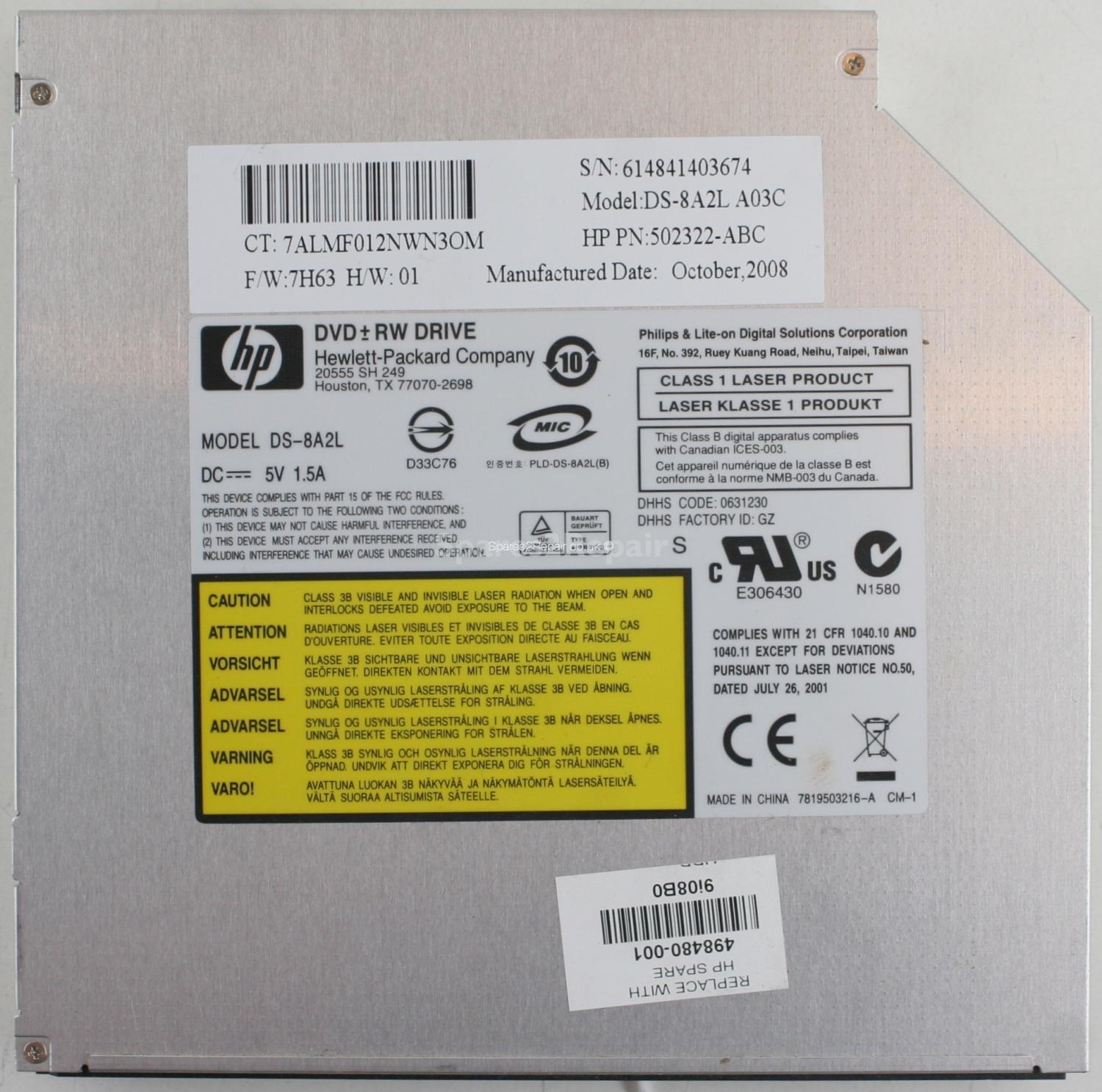 Philips and Lite-On - DVD-RW - DS-8A2L - DS-8A2A A03C - PLD-DS-8A2L(B) - 502322-ABC - SATA